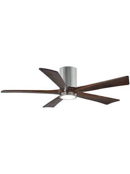 Irene 52 inch 5-Blade Flush-Mount Ceiling Fan with Solid Wood Blades and Light Kit in Polished Chrome.